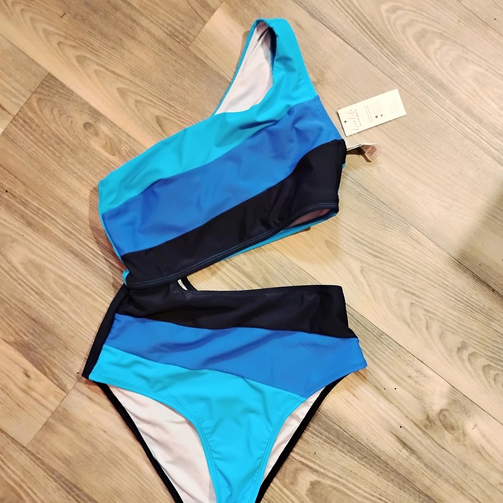 Asymmetrical Blue and Black One-Shoulder One Piece Bathing Suit